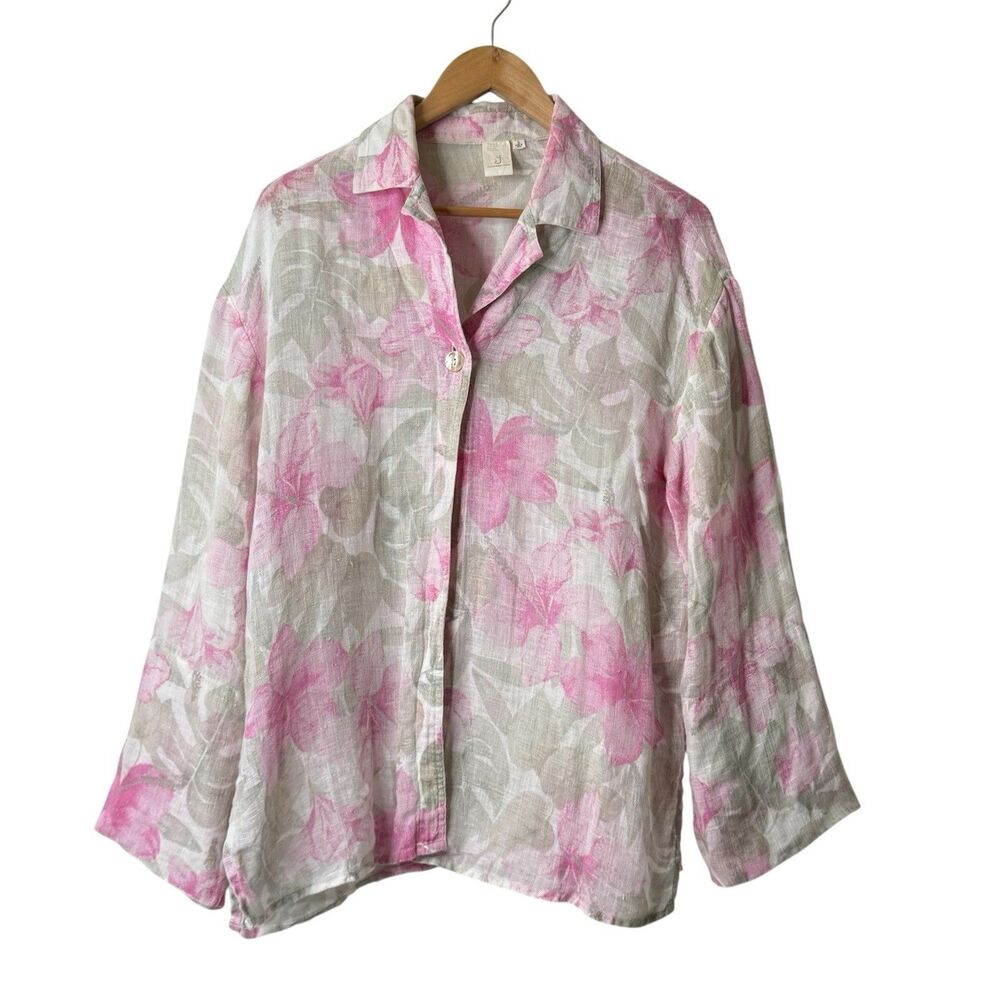 Jones New York Floral Slub Linen Tunic Top S One Button Oversized Beachy Coastal